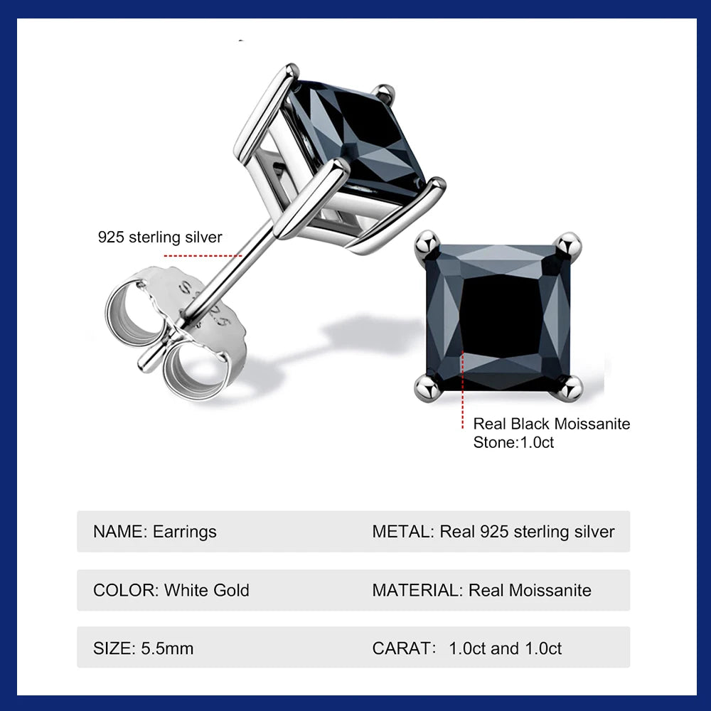 Princess Cut Black Moissanite Earring Certified Original 925 Silver 1 Carat Cushion Cut Diamond Stud Earrings for Men Women Gift