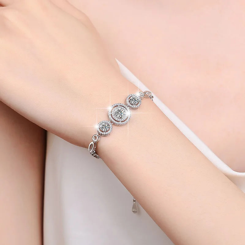 Moissanite Bracelets for Women 2cttw 100% D Color Three Halos Adjustable Round Bangles Sterling Silver 925 Jewelry GRA