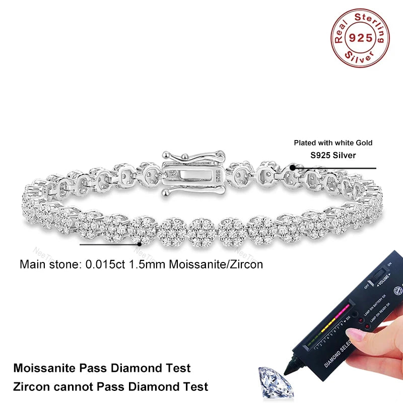 Full Moissanite Tennis Bracelets for Woman 925 Sterling Silver Lab Diamond Women's Hand Bracelet Chain Luxury Jewelry