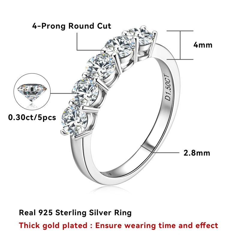 Moissanite Ring 925 Sterling Silver 0.3ct 5 Stone