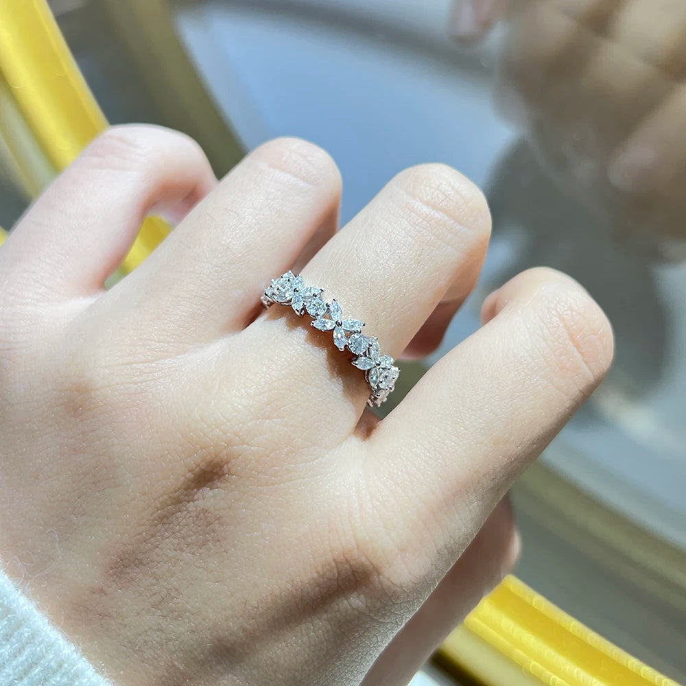 Moissanite Row Rings For Women 100% S925 Sterling Silver Plated 18K Horse Eye Cut D Color