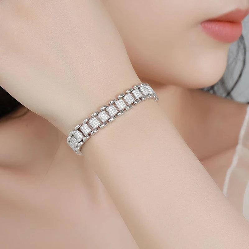 Moissanite Cuban Watch Bracelet Lab Diamond 925 Silver with White Gold Plated Tennis Bracelets for Women Man