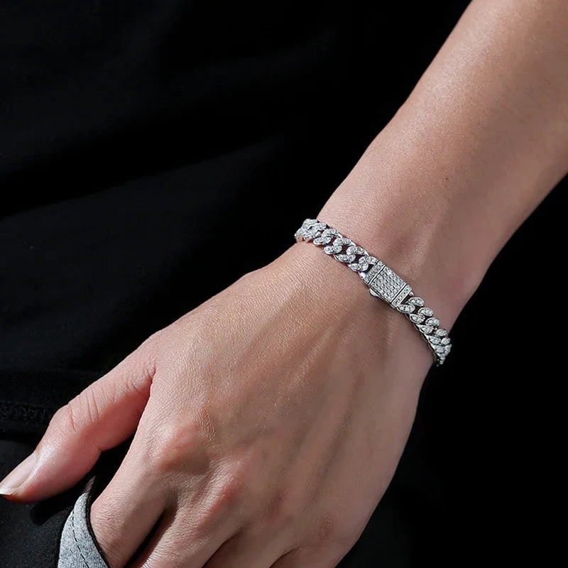 Full Moissanite Hip Hop Men Women Cuban Chain Bracelets 925 Sterling Silver with Gold Plated Cuban Bracelet Jewelry