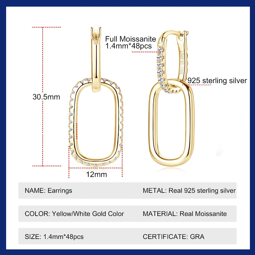 925 Sterling Silver Paperclip Earrings 1.4mm Full Moissanite Hoop Earring for Women Plated 18k Wedding Jewelry GRA