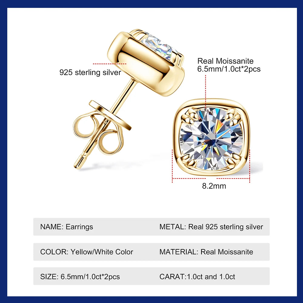 Moissanite Stud Earrings for Women D Color Lab Created Diamond 925 Sterling 1CT GRA Certified Silver Earrings Jewelry