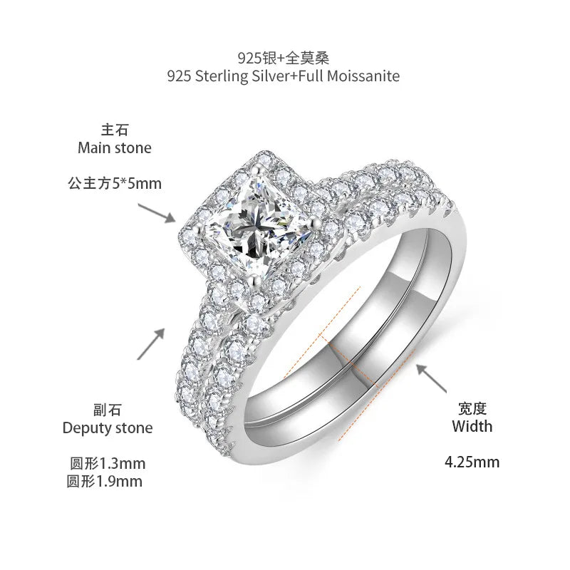 Moissanite Engagement Ring Set For Women 925 Sterling Silver 0.8 Ct Princess Cut Wedding Bands