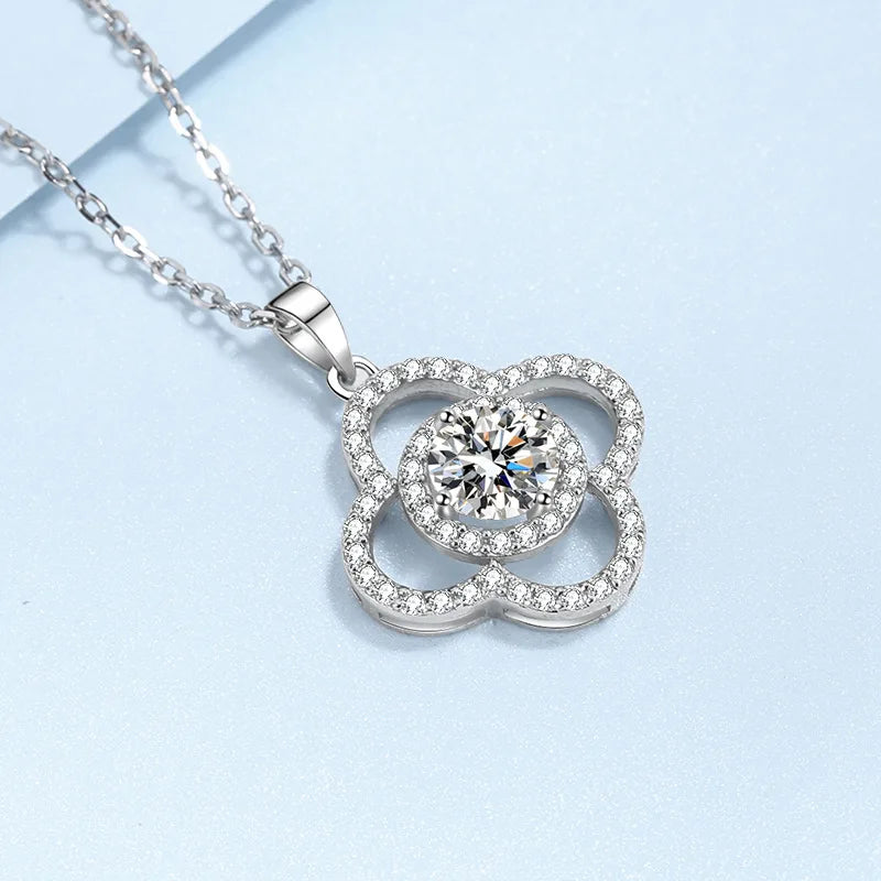 Women Wedding 18K White Gold Valentine's Day 1CT Moissanite Diamond Daughter Birthday Gift PT950 Four-leaf Clover Girl Necklaces