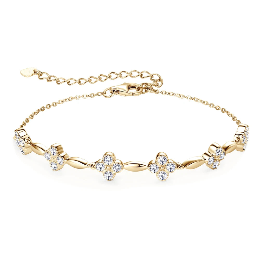 925 Sterling Silver Flower Clover Moissanite Bracelet for Women 18k Gold Plated Fine Jewelry Gift GRA Certified