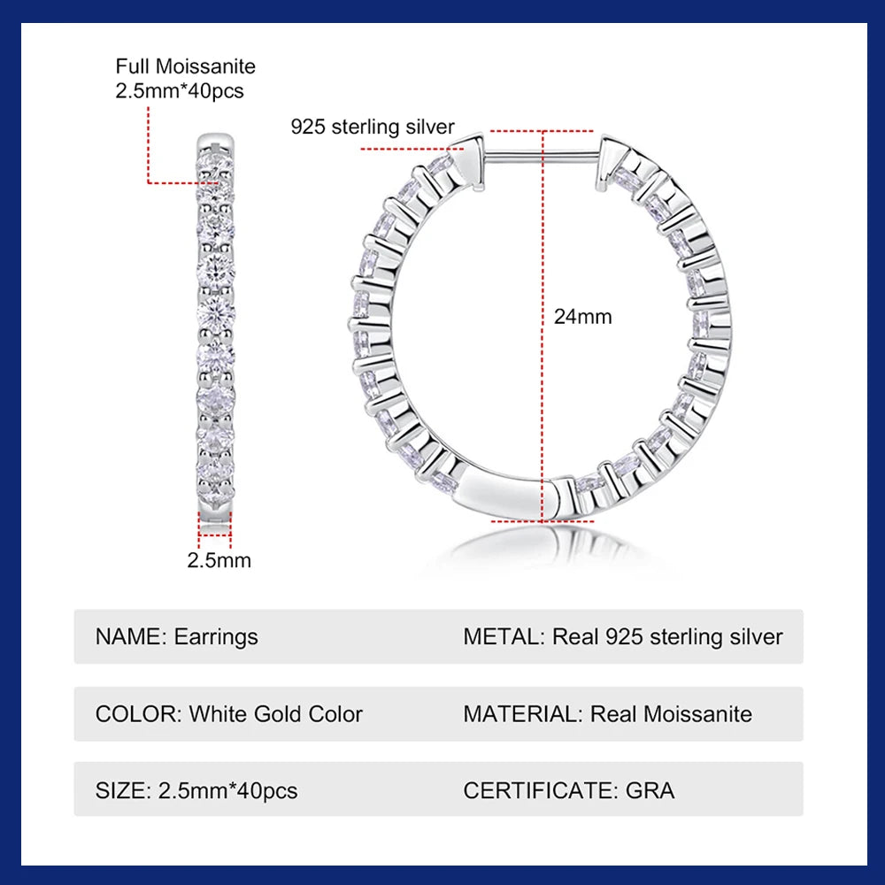 Hoops 925 Sterling Silver 2.5mm Moissanite Earrings for Women Engagement Wedding Valentine's Day Anniversary Gift Jewelry