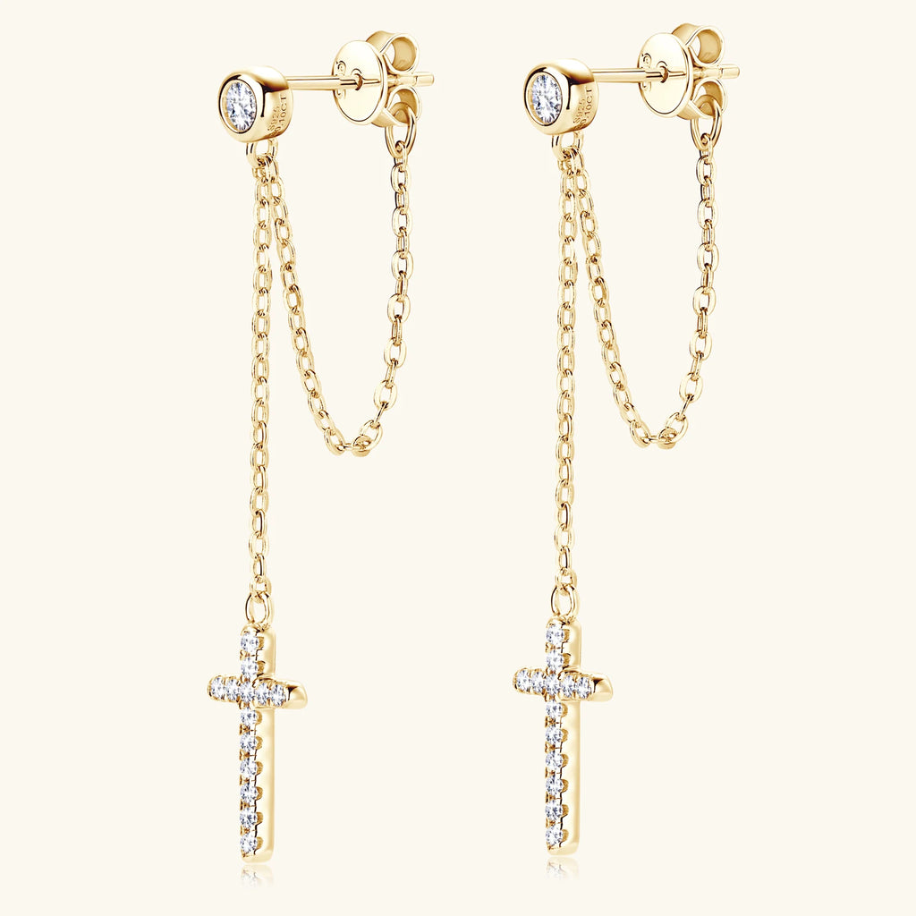 Long Tassel Cross Earrings 3mm Moissanite Diamond Stud Earring For Women 100% S925 Silver Plated 18K Gold Jewelry Gift