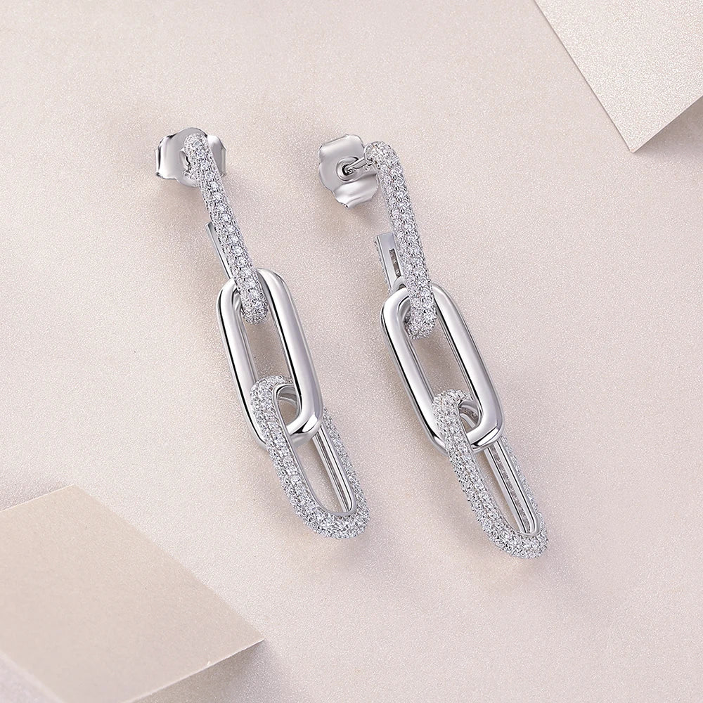 18k Plated All Moissanite Earrings 925 Sterling Silver Paperclip Link Drop Dangle Earrings for Women Trendy Jewelry