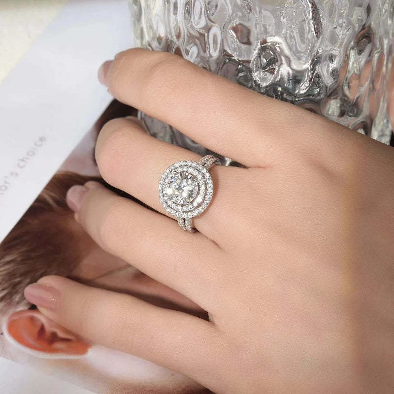 All Moissanite Ring Set for Women 8mm Round 2 Carat Engagement Double Layered Round Bag Stacked and Arranged for Wearing