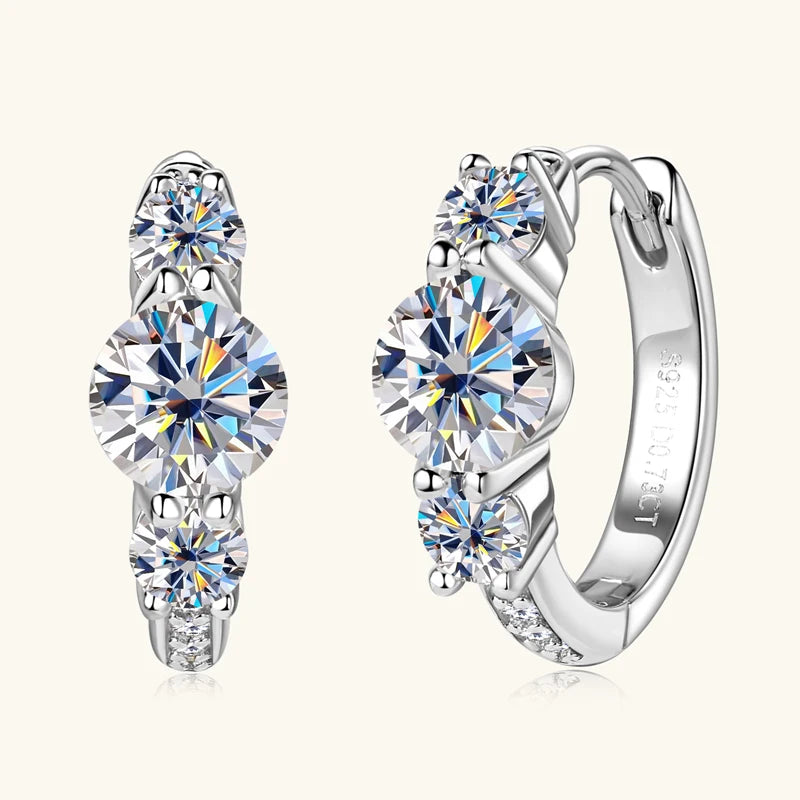 Three Stone Moissanite Earring Original 925 Sterling Silver Hoops Earring