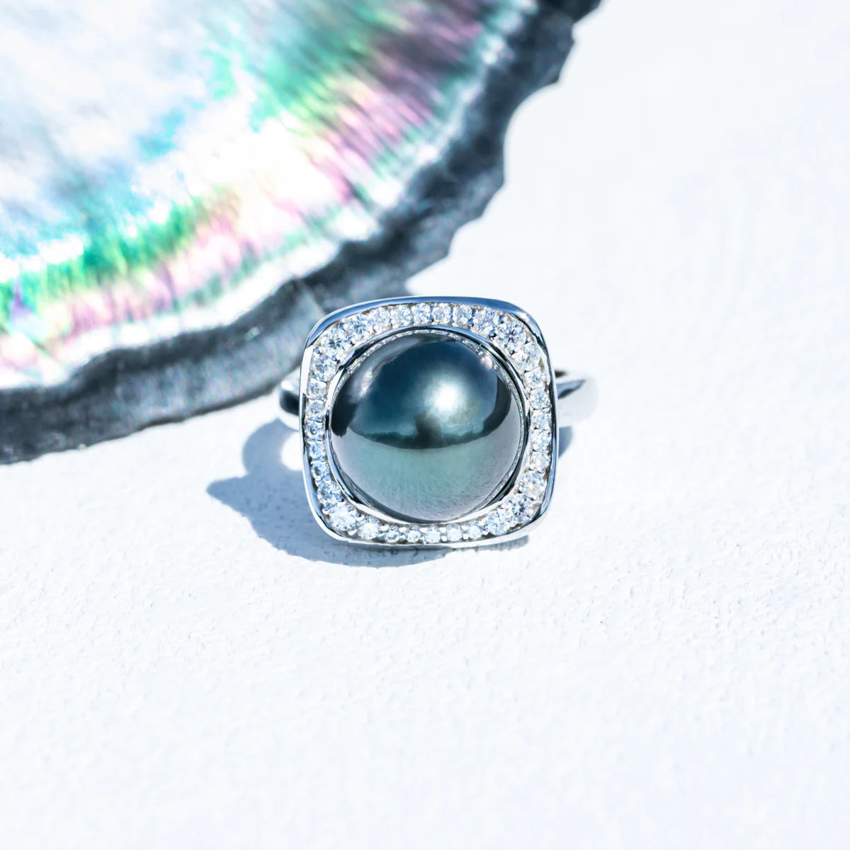 12-13mm Natural Tahitian Black Pearl Moissanite Diamond Engagement rings