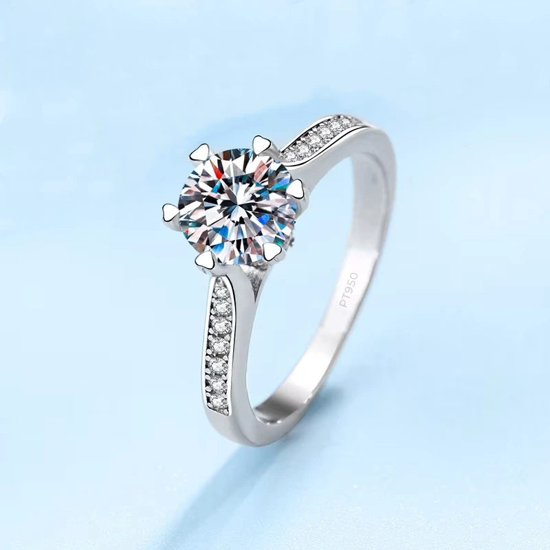 Birthday Gift PT950 Platinum Girl Wedding Band Six Heart Pronged Moissanite Diamond VVS1 D Color 1ct Engagement Rings for Women