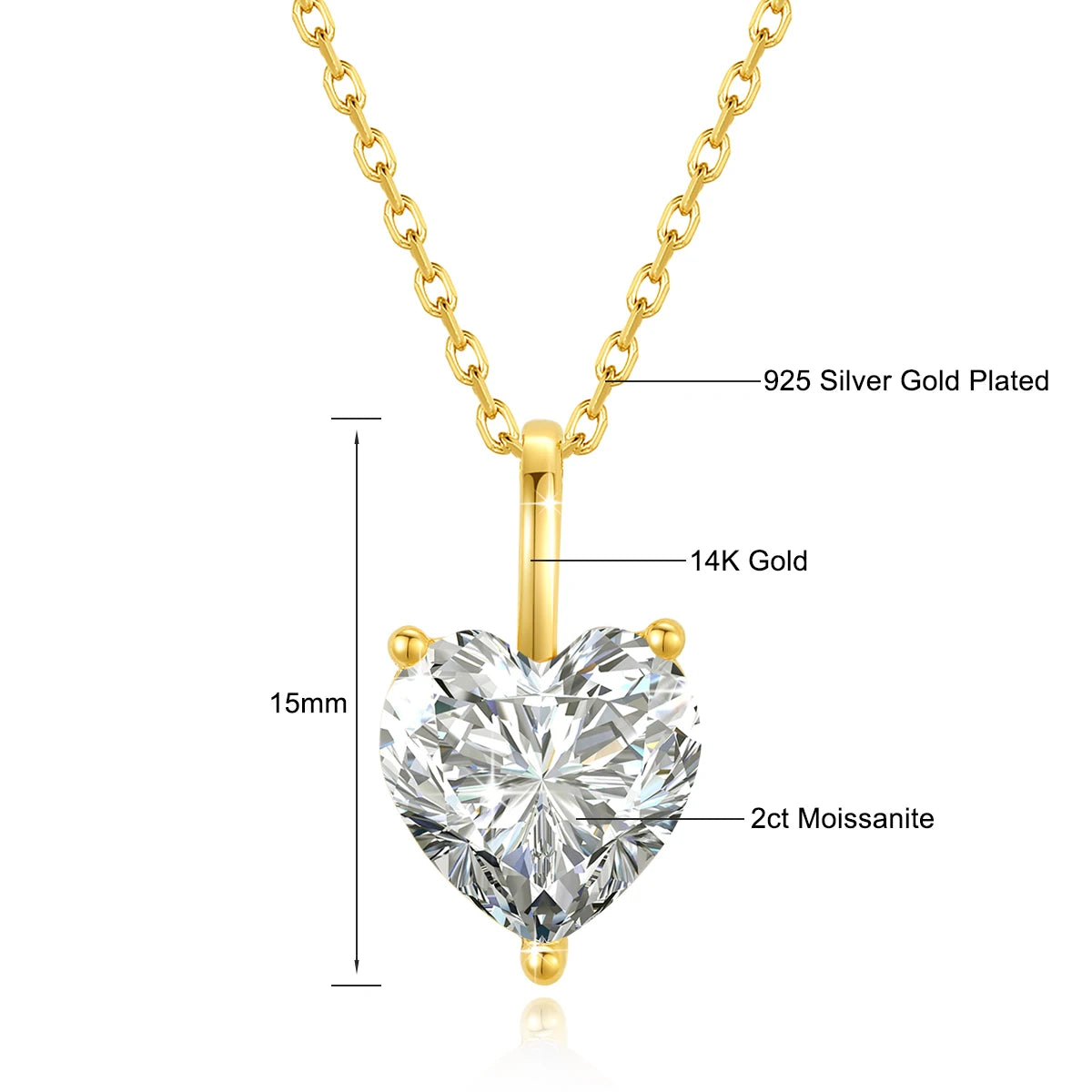 2ct Princess Cut Moissanite Necklace 14k Gold Wedding Jewelry