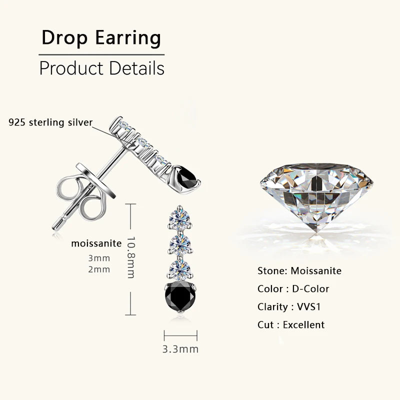 Black Moissanite Drop Earrings 925 Sterling Silver Dangle Earring