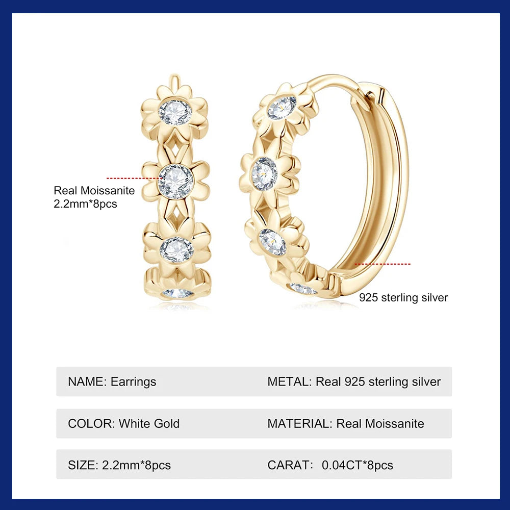 Hoop Earrings 2.2mm Moissanite Earrings for Women 925 Sterling Silver Piercing Earrings 2023 Trendy Jewelry Rose Gold Flower