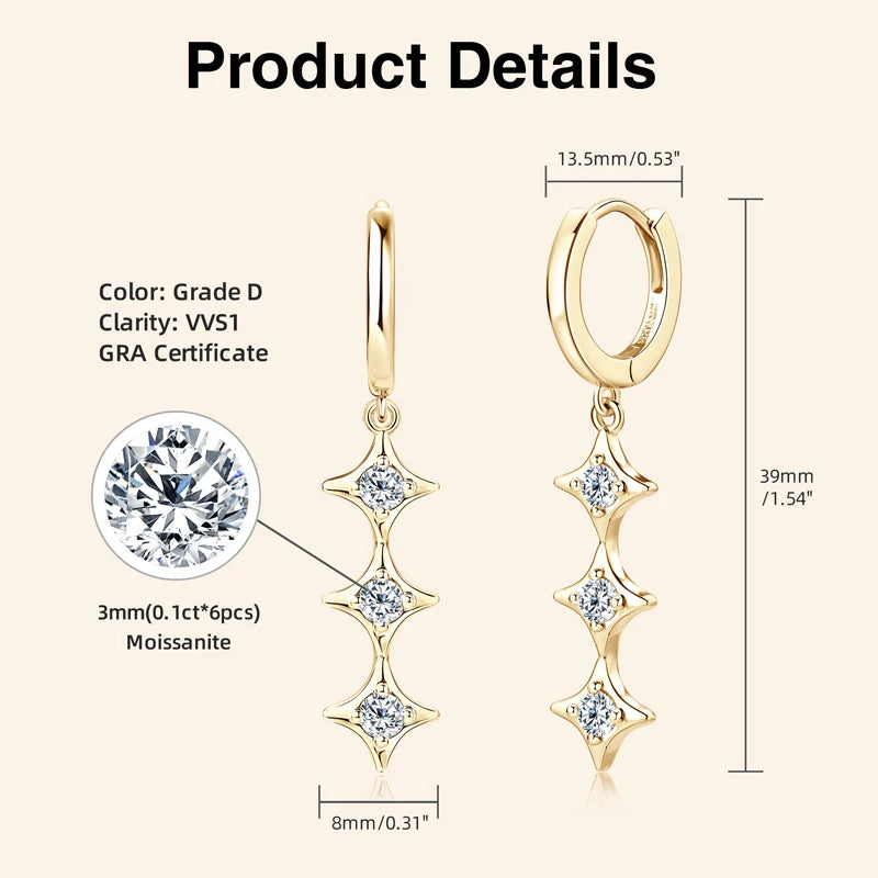 925 Sterling Silver Star Pendant Earring Moissanite Drop Earrings