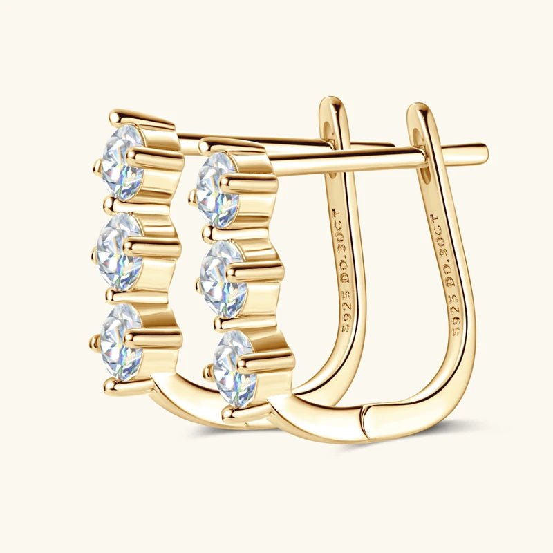 Three Stone Moissanite Earrings 925 Sterling Silver U-Shaped