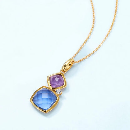 Lab Sapphire Amethyst Garnet Citrine Gems Pendant Necklace Vintage 10K Gold Plated 925 Sterling Silver