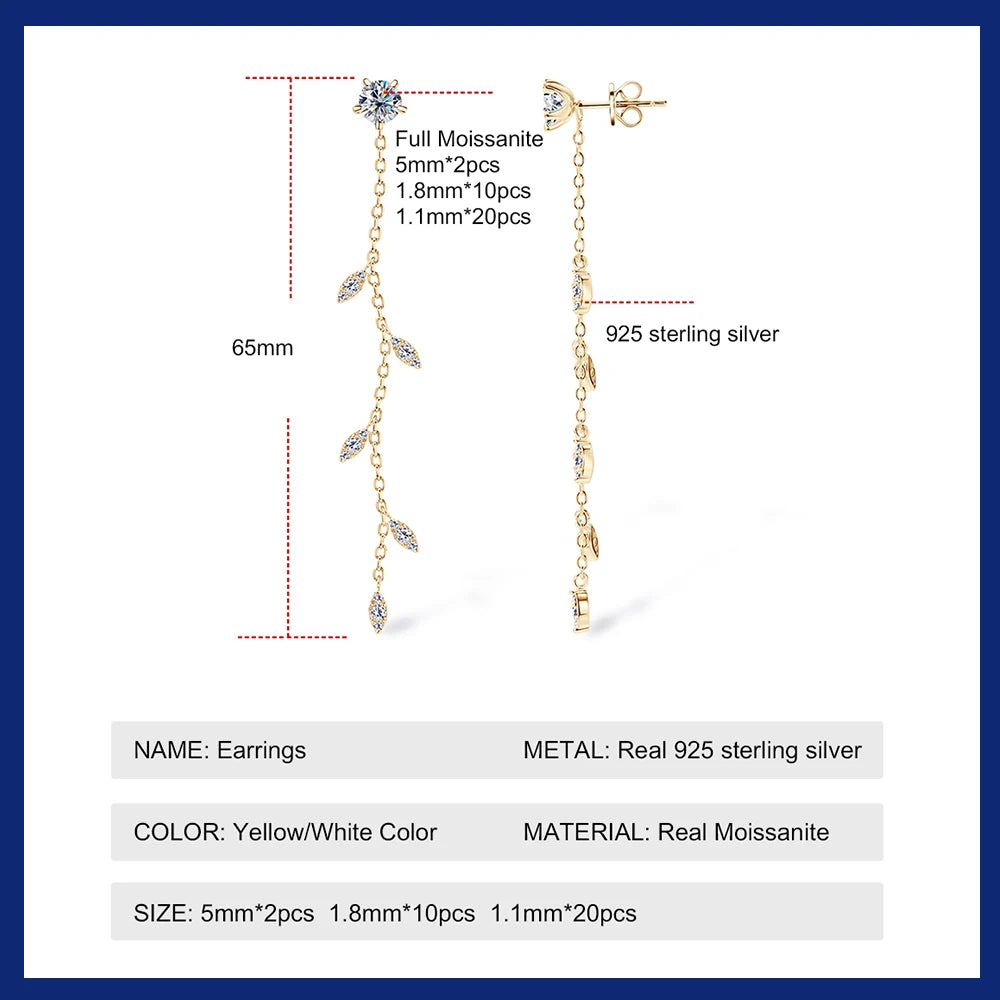 Long Tassel All Moissanite Drop Earrings for Women GRA Certified D VVS1 Lab Diamond 925 Sterling Silver Dangle Earring