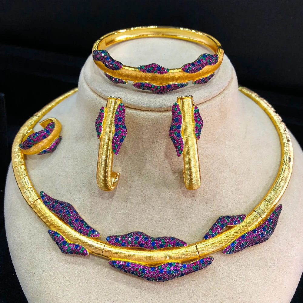 4PCS Sexy Lips Luxury African Jewelry Set For Women Wedding Party Zircon Crystal Dubai Bridal Necklace Gift