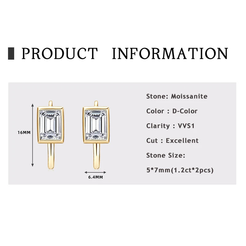 925 Sterling Silver U-shaped Hoop Earrings Emerald Cut 5*7mm Moissanite Earring
