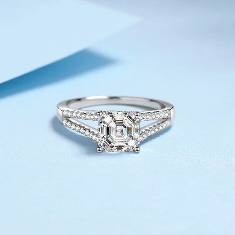 Moissanite Ring 925 Sterling Silver Electroplating Pt950 Platinum Wedding Ring For Women Asscher Cut 2 Carat