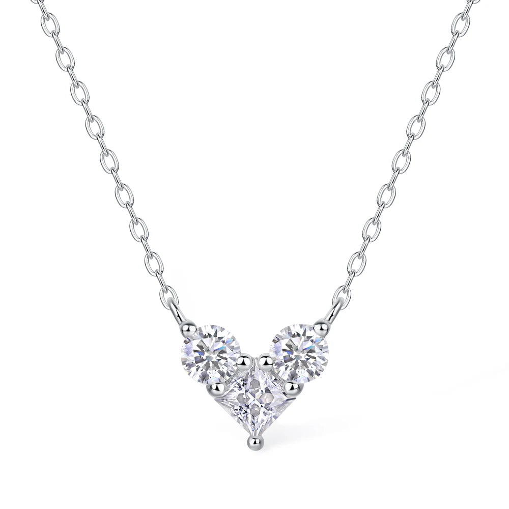 Princess Cut Moissanite Necklace 925 Sterling Sliver Chain Plated 18k White Gold Heart Necklace for Women Jewelry 4mm
