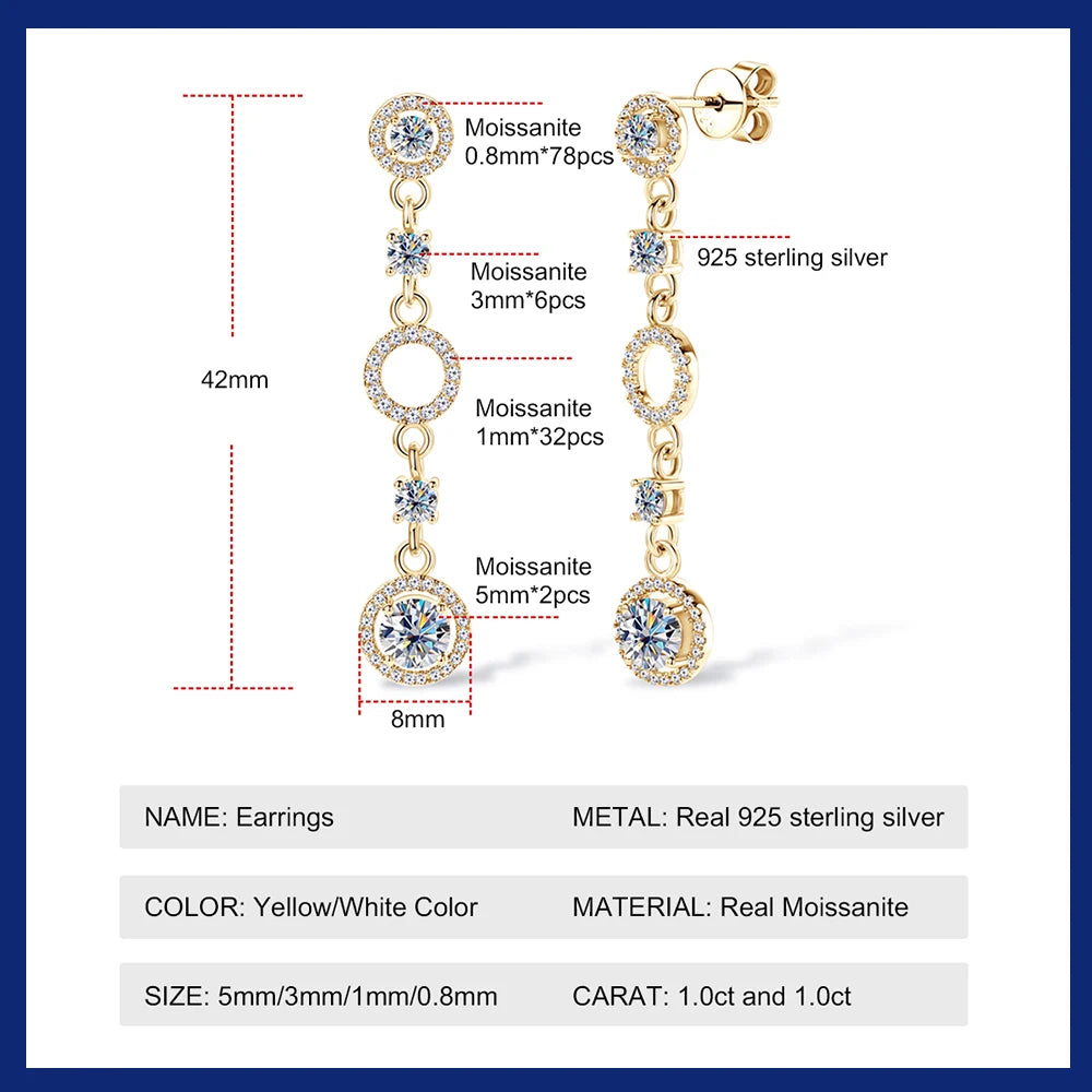 Full Moissanite Dangle Earrings Gold-Plated 925 Sterling Silver Long Tassel Design Drop Earrings for Women Wedding Party Jewelry