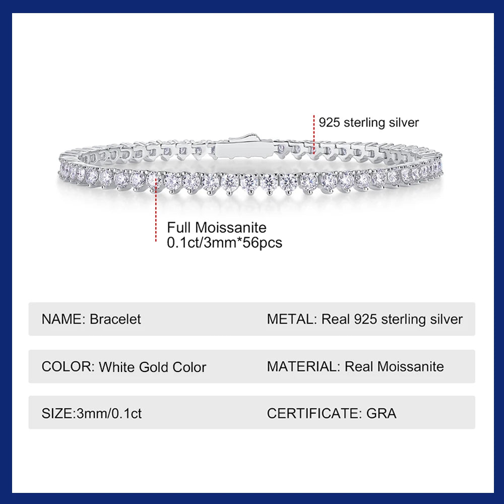 Moissanite Tennis 3mm Bracelet for Women Silver 925 Original Certified Bracelet 18K White Gold Plated Bangle Femme GRA