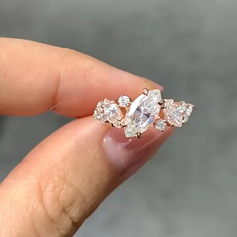 Moissanite Rings for Women Gift 100% S925 Sterling Silver Plated 18K 1.78ct Marquise Cut D Color