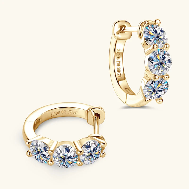 925 Sterling Silver Circle Earring Sparkling Three Stone 4mm Moissanite Hoop Earrings