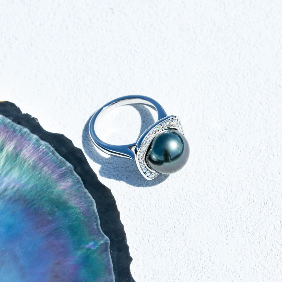 12-13mm Natural Tahitian Black Pearl Moissanite Diamond Engagement rings