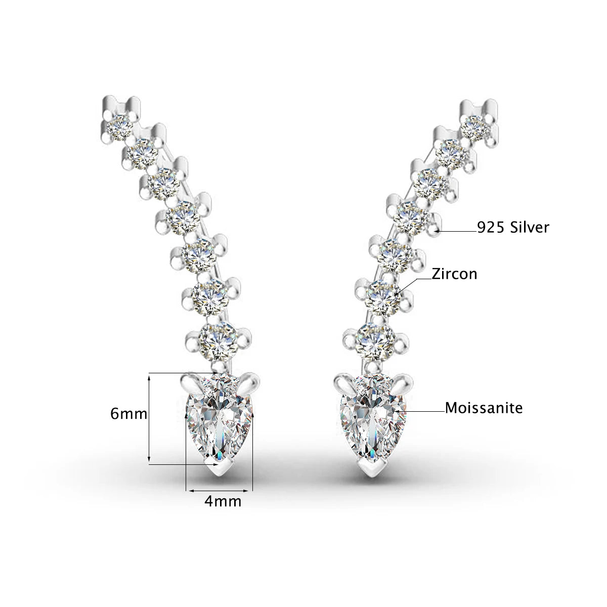 Moissanite Clip On Earrings With Hole In The Ear 925 Sterling Silver Tear Drop