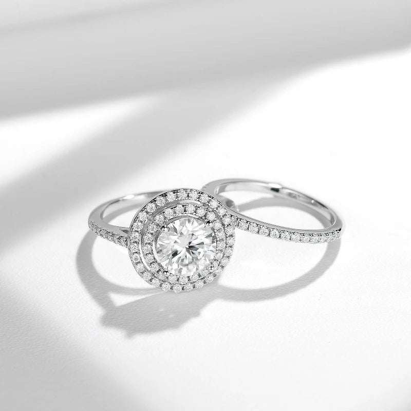 All Moissanite Ring Set for Women 8mm Round 2 Carat Engagement Double Layered Round Bag Stacked and Arranged for Wearing