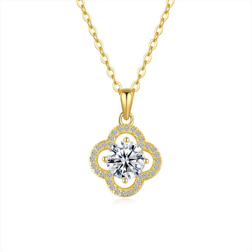 Lucky Four-leaf Clover Pendant Clavicle Chain Women's 14K Gold 1ct Diamond Moissanite Necklace Wedding Fine Jewelry