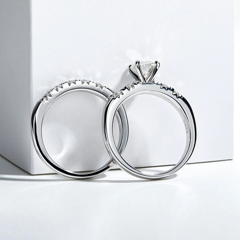 925 Silver Rings Set Round 1 Carat D Color All Moissanite Diamond Wedding Rings for Women