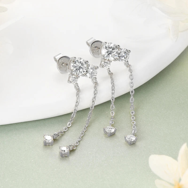 Moissanite Earrings 925 Certified Silver Tassel Chain Earring