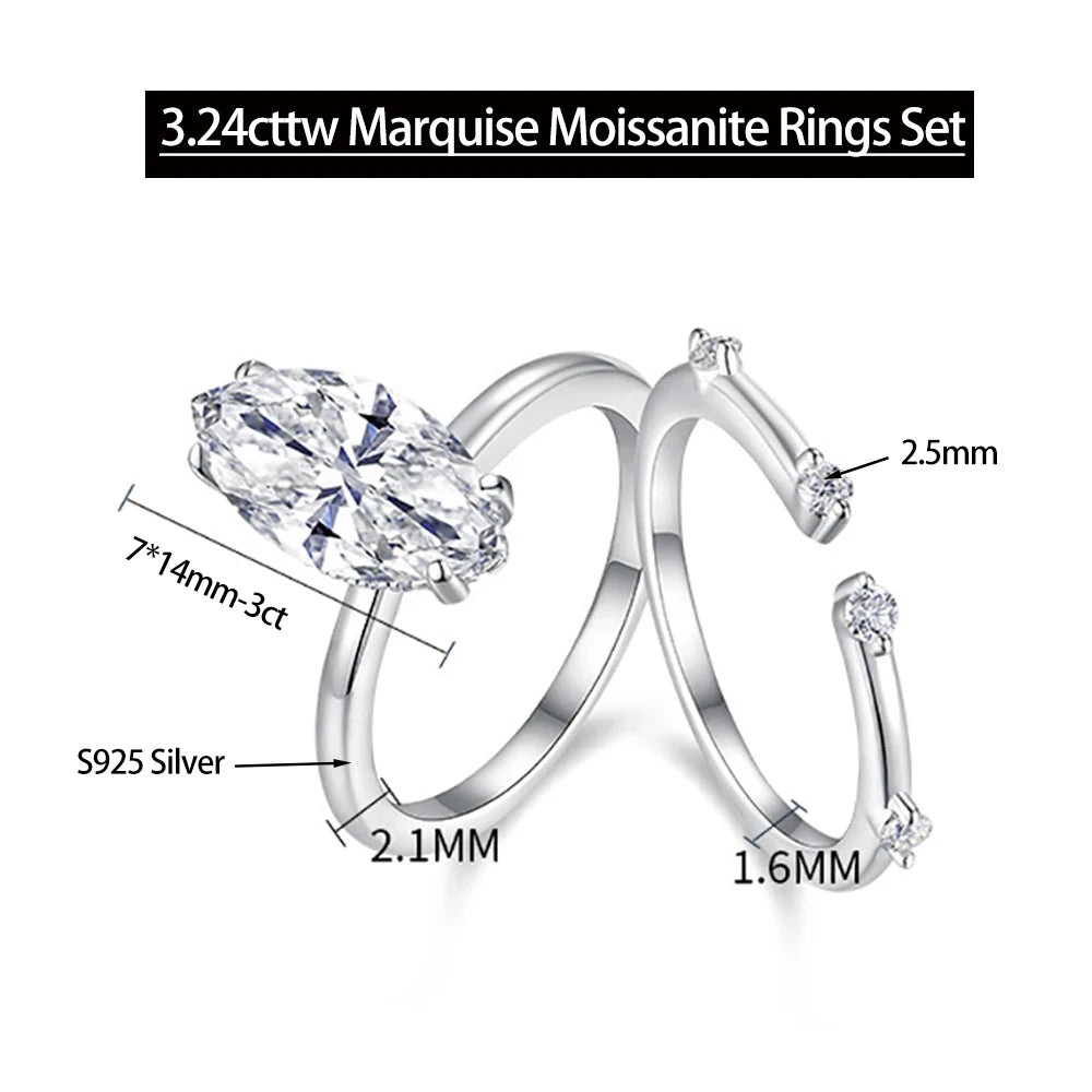 3ct Marquise D Color Moissanite Rings Set for Women Wedding Bridal 100% S925 Sterling Silver Eternity Rings Plated 18K