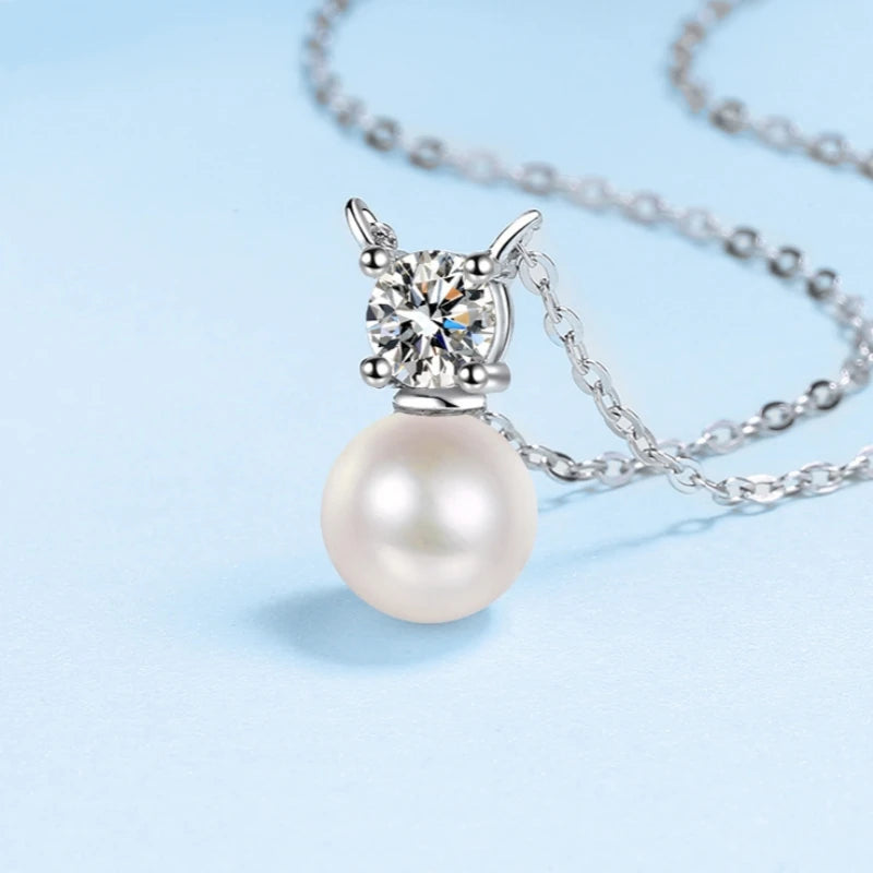 Women Valentine's Day White Gold 18K Wedding Necklaces 0.5CT Moissanite Diamond Pendant 8mm Pearl PT950 Girlfriend Birthday Gift