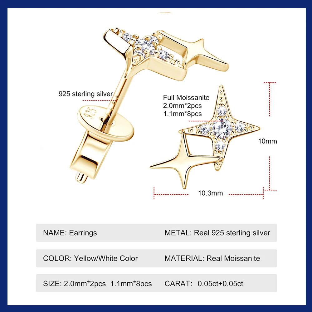 Star Moissanite Earrings For Women 100% 925 Sterling Silver Plated Gold Earrings Trending Jewelry Accessories