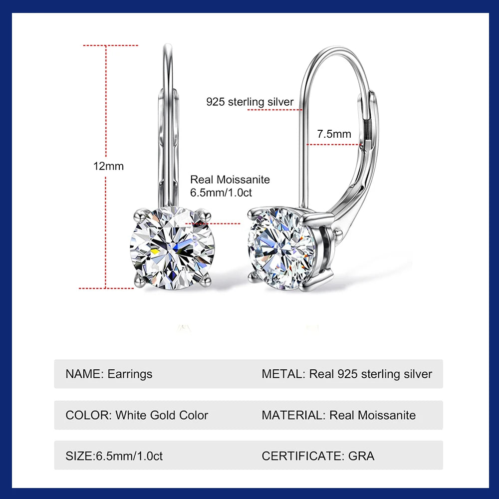 1CT Moissanite Earrings for Women 6.5mm D Color Brilliant Round Cut Lab Created Diamond Earring Pure 925 Silver Hoops