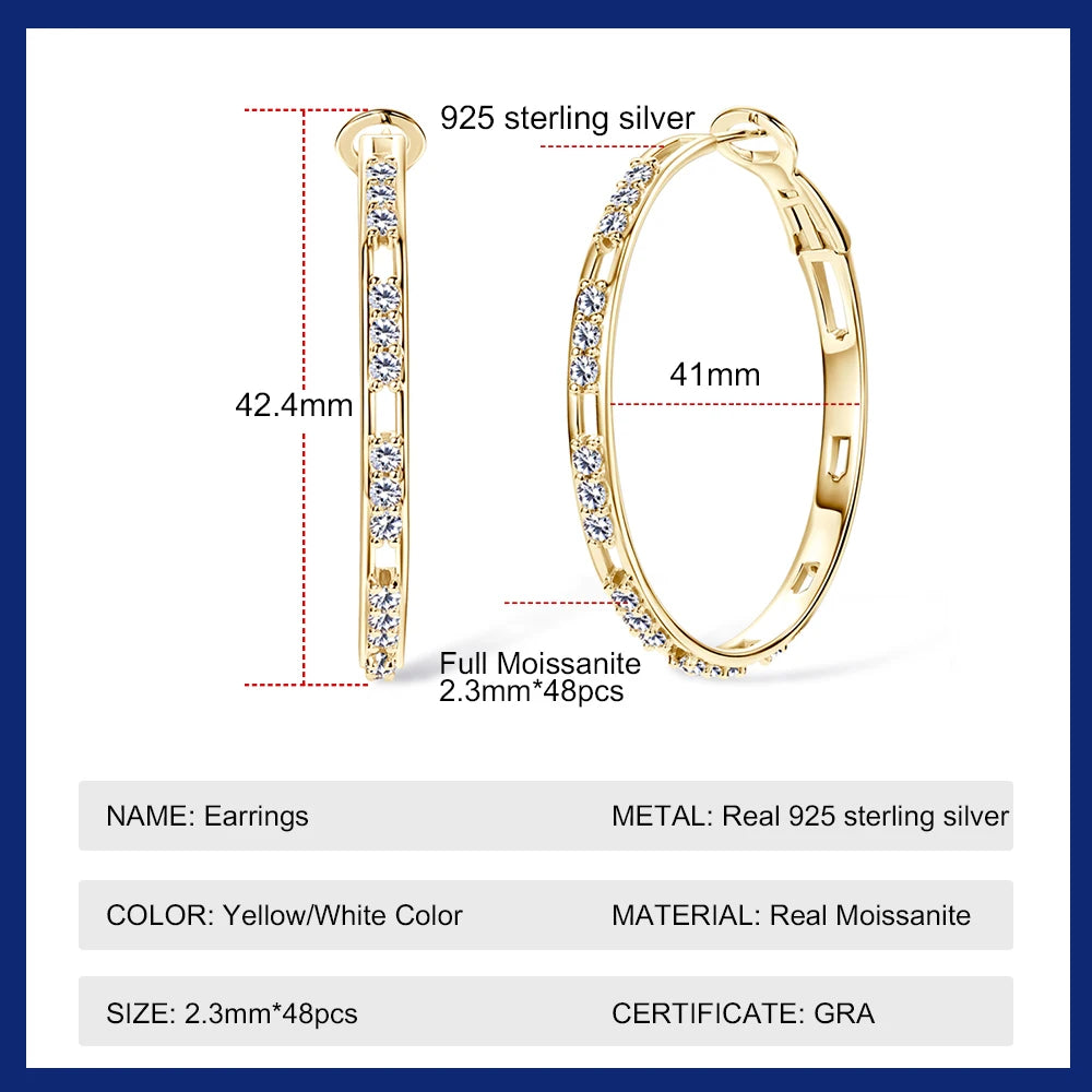 Moissanite Hoop Earrings for Women 925 Sterling Silver with 18K White Gold Plated Large Round Huggie Loops Hypoallergenic 41MM