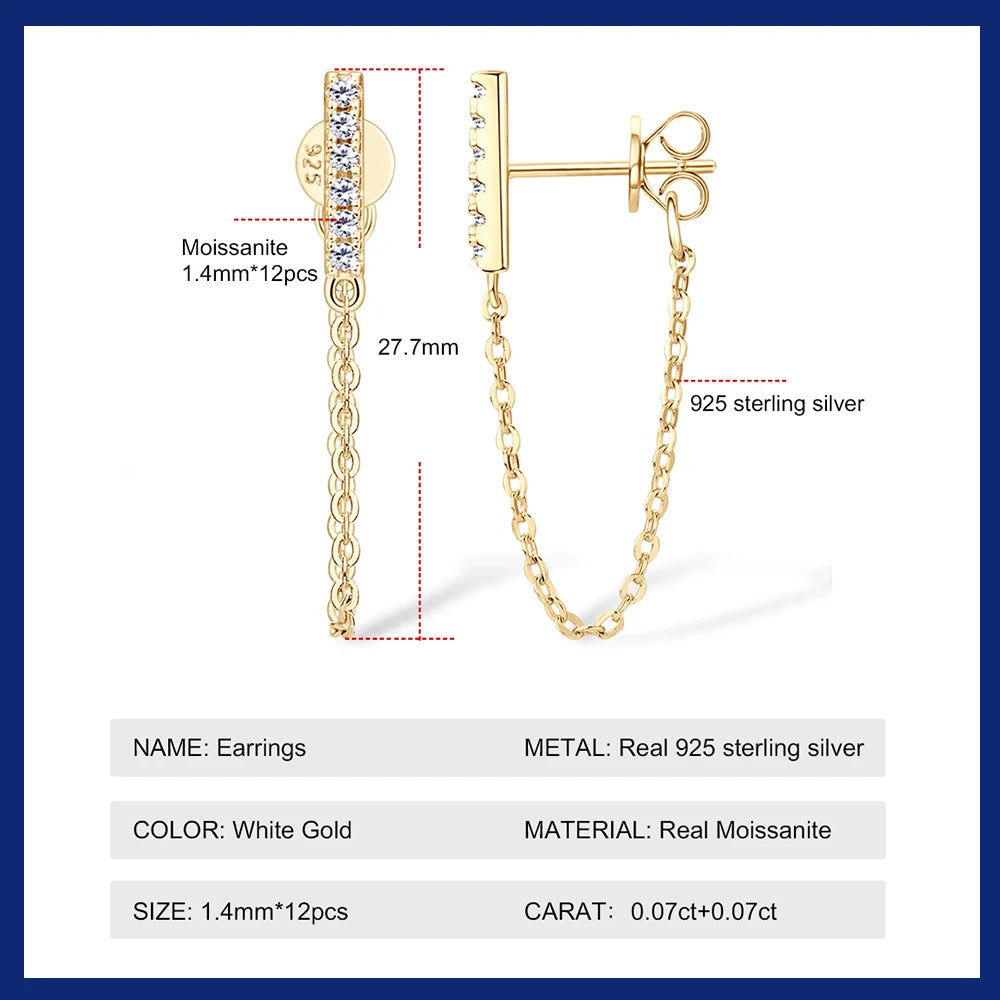 Original 925 Sterling Silver Long Chain Stud Earrings 1.4mm Full Moissanite Diamond Earring for Women Trending Jewelry Gift