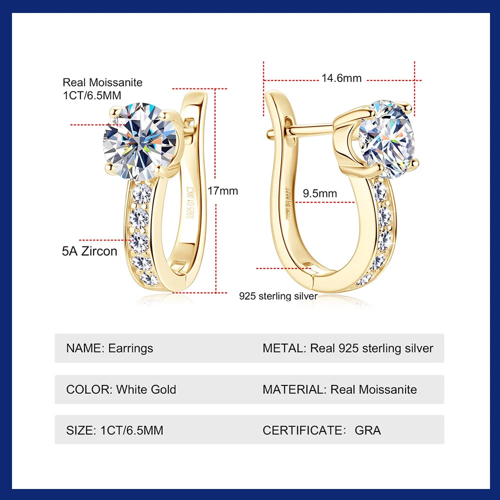 1ct Moissanite Hoop Earrings 6.5mm D Color VVS1 Women's Diamond Earring Original Certified 925 Sterling Silver Jewelry