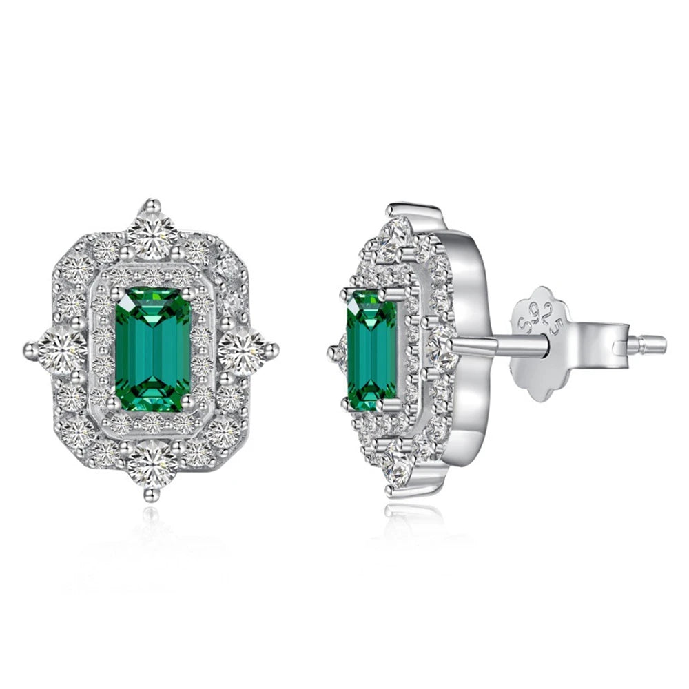 925 Sterling Silver Emerald High Carbon Diamond Gemstone Ear Studs