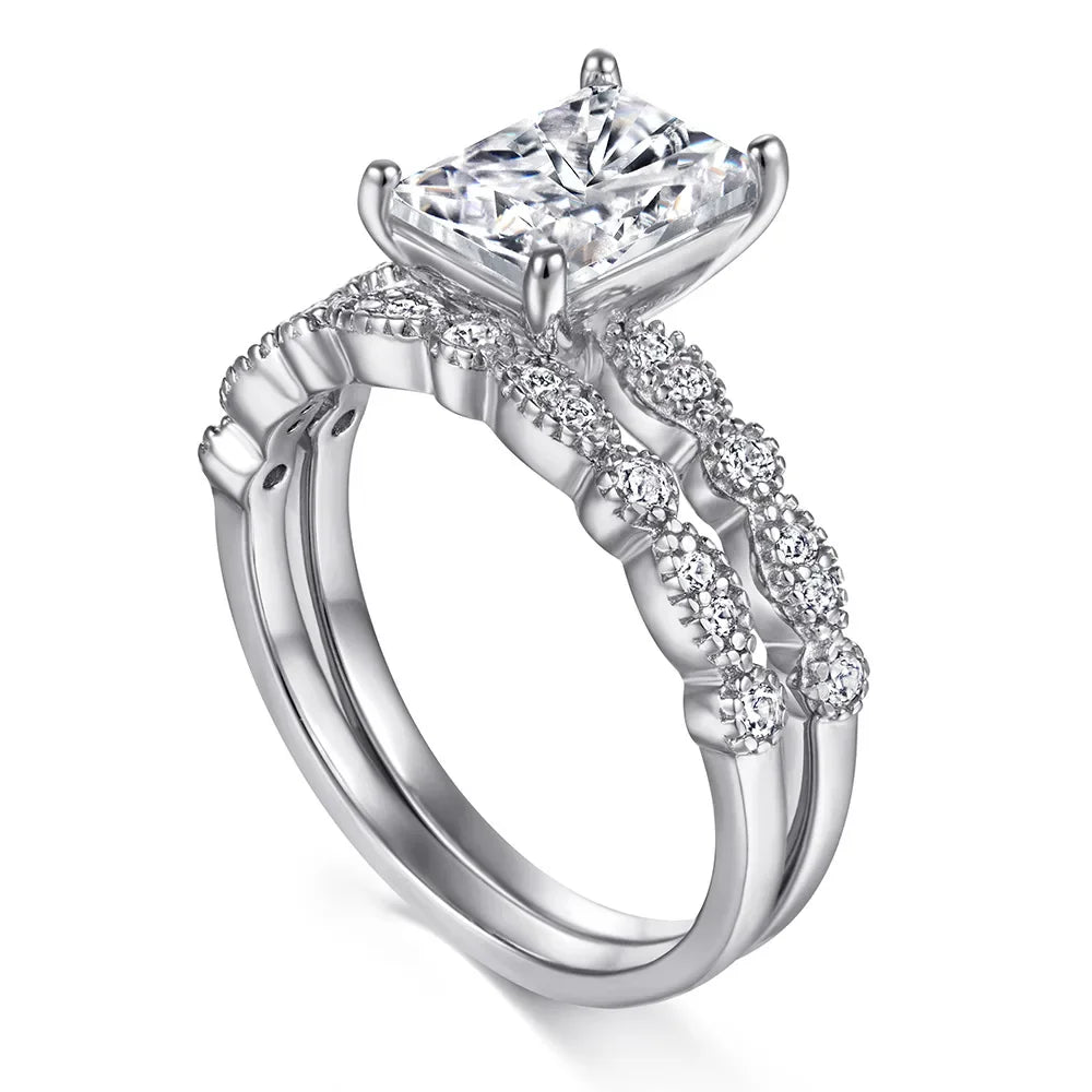 Moissanite Ring Set 925 Silver Cushion Cut 2 Carat Vintage Engagement Wedding Women Ring