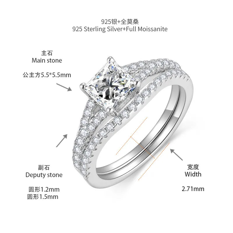1 Ct Princess Cut All Moissanite Engagement Ring Set For Women 925 Sterling Silver Pave Wedding Bands